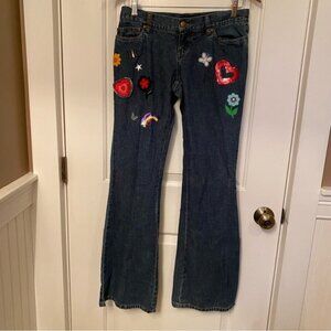 LONDON JEAN BLUE DENIM JEANS WIDE LEG BELL BOTTOM FLOWER SEQUINS PATCHES SIZE 4